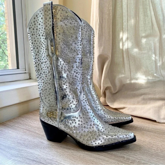 New Free People Jeffrey Campbell Dagget Stud Western Boots Metallic Silver US 6 - Picture 3 of 12
